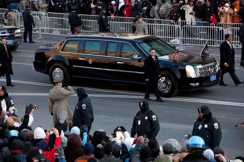 WASHINGTON - JANUARY 20: A limousine carrying President Barack Obama drives in the Inaugural Parade down Pennsylvania Avenue on January 20, 2009 in Washington, DC. Obama was sworn in as the 44th President of the United States, becoming the first African American to be elected President of the US. (Photo by Brendan Hoffman/Getty Images)